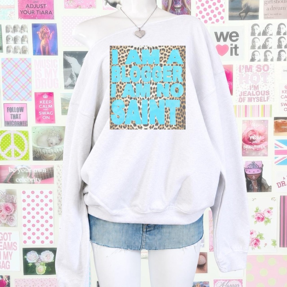 y2k i am a blogger leopard print graphic off shoulder sweatshirt